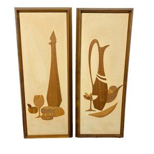 Vintage MCM Belart Teak Marquetry Danish Framed Art Set